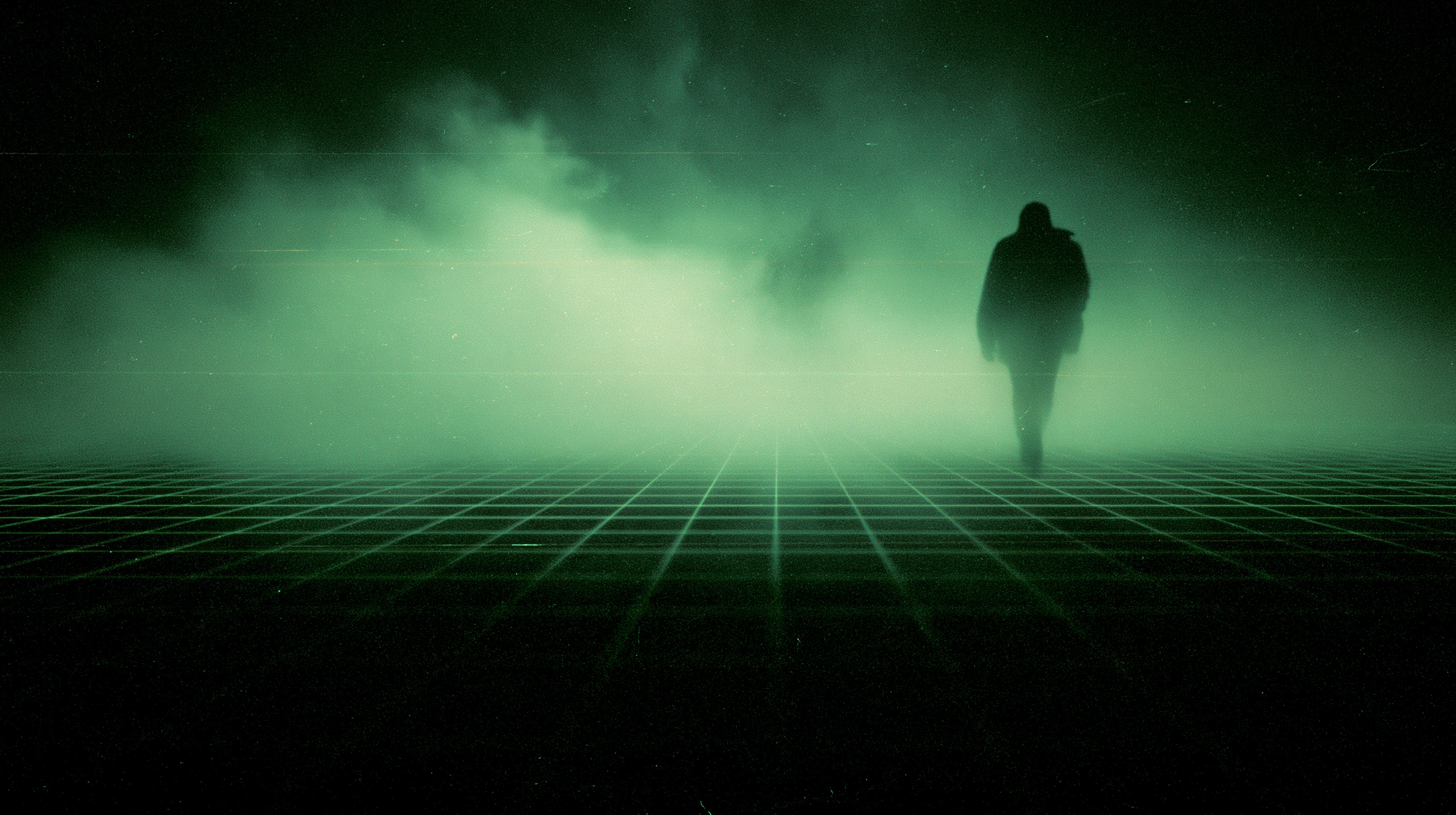 The ghost in the machine — a shadowy figure in green fog over a retro grid